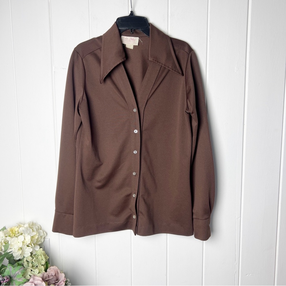 1970’s Vintage Lee Mar polyester, brown button-down shirt